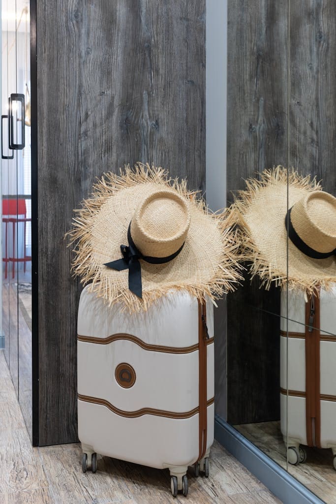 Suitcase with straw hat in corridor